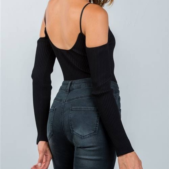 Audra Ribbed Cold Shoulder Bodysuit (Black) - Picture 7 of 8